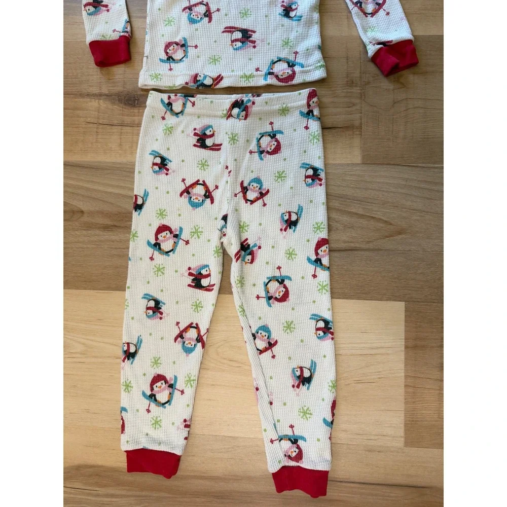 Wonder Kids 3T Pajama Set Waffle Knit Thermal Skiing Penguin White Red Winter